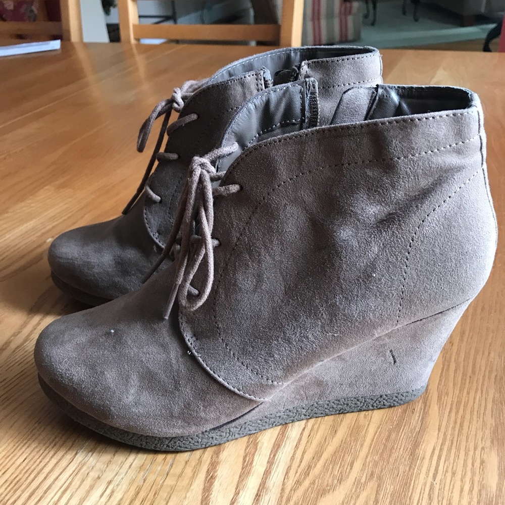 Tan suede lace up wedge booties